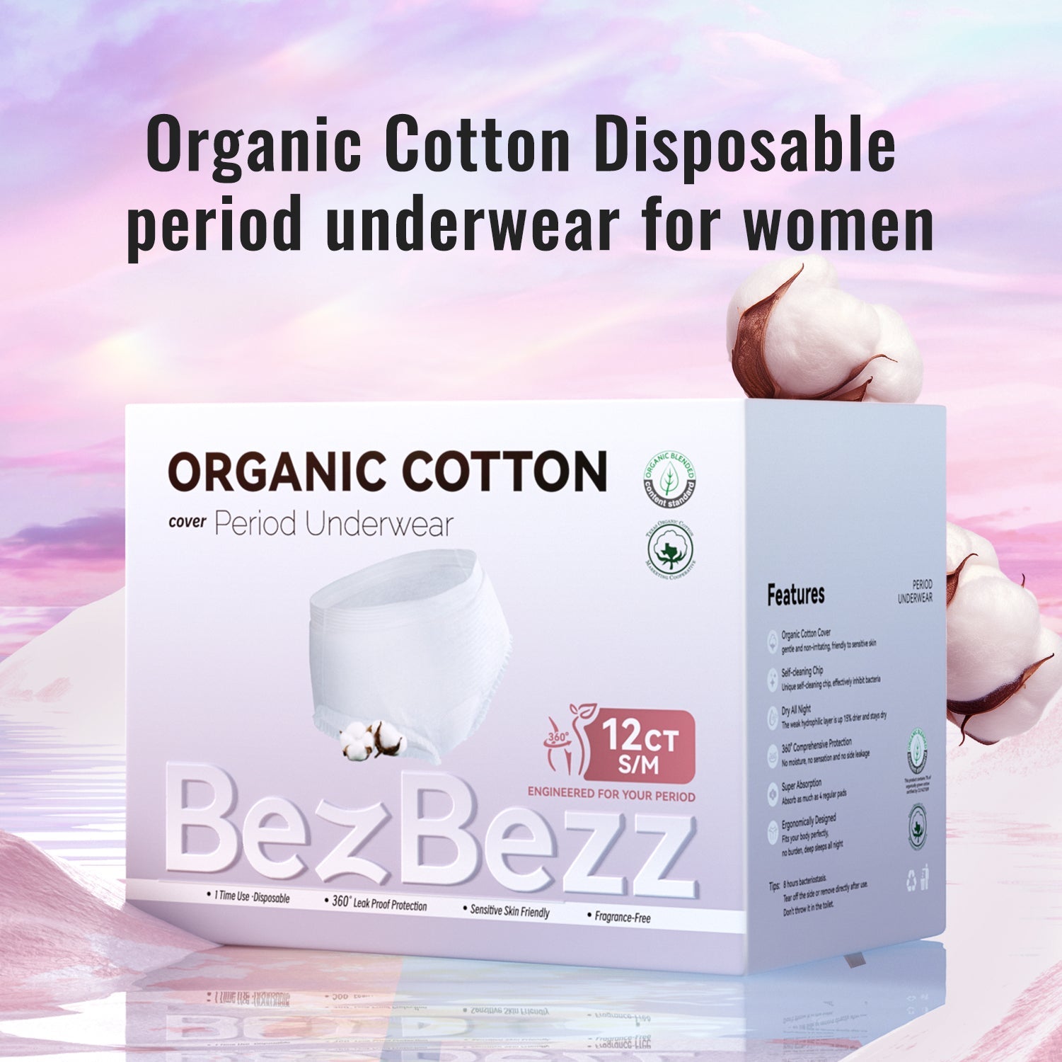 S/M (12 Counts)Period Underwear | Organic & Disposable for Heavy Flow Women - BezBezz